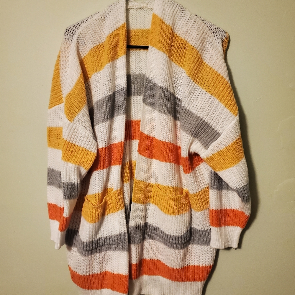 Striped sweater dual pocket cardigan